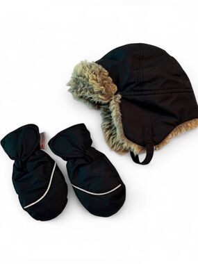 H&M 3T Black Faux Fur Fleece Winter Trapper Hat & Black 3M Thinsulate Mittens
